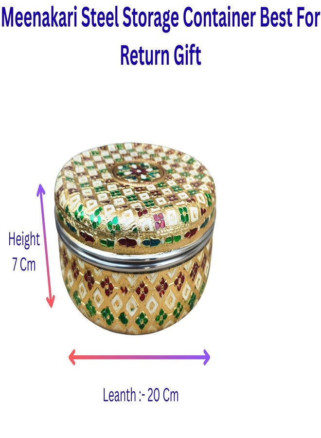 CRAFTS WORLD Stainless Steel Meenakari Container Round Dabba Chapati Box Golden Meenakari Best For Wedding Return Gift (7.5 x 7.5 x 2.7 Inch) - Image 4